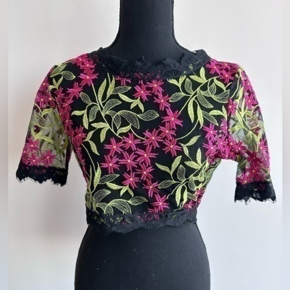 Pink and Green Floral Lace Sheer Crop Top